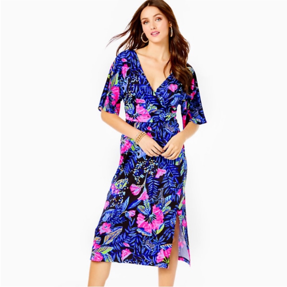 NWT Lilly Pulitzer PARIGI MIDI DRESS ELBOW SLEEVE Onyx Earned Striped Pink